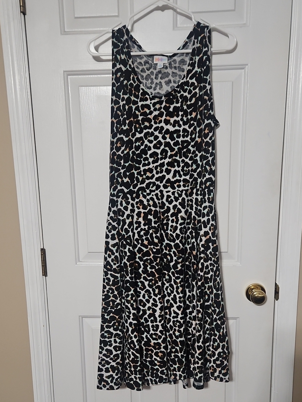 Lularoe XL Nicki Dress  Leopard Print Black, White W/ Blue And Salmon Accents